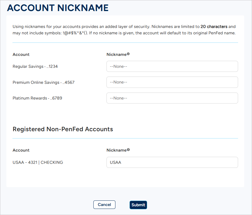 PenFed Online - How to Create Account Nicknames